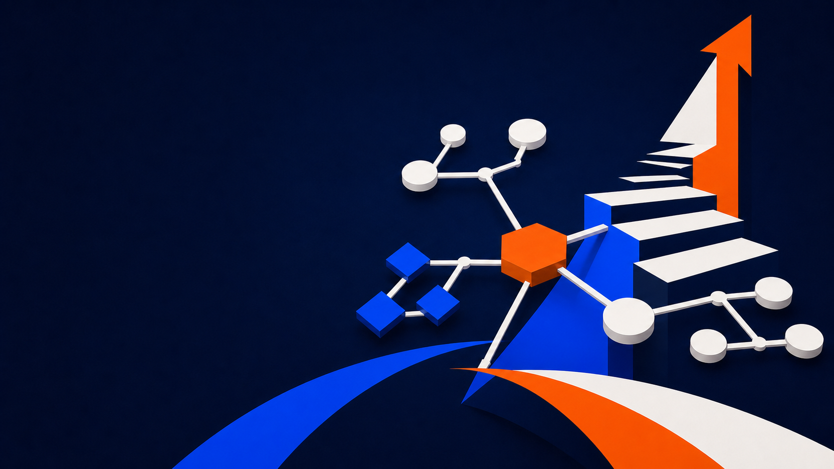 Three geometric networks join around an orange core and assemble into a rising structure