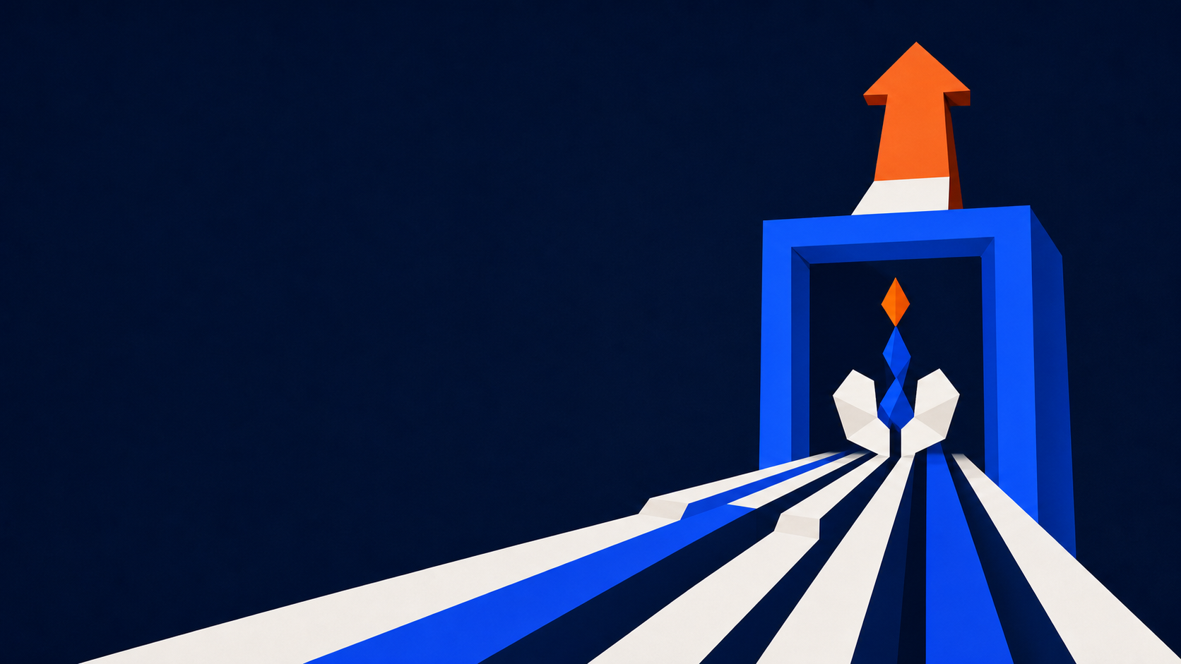Five geometric paths converge through a cobalt portal and rise as an orange arrow