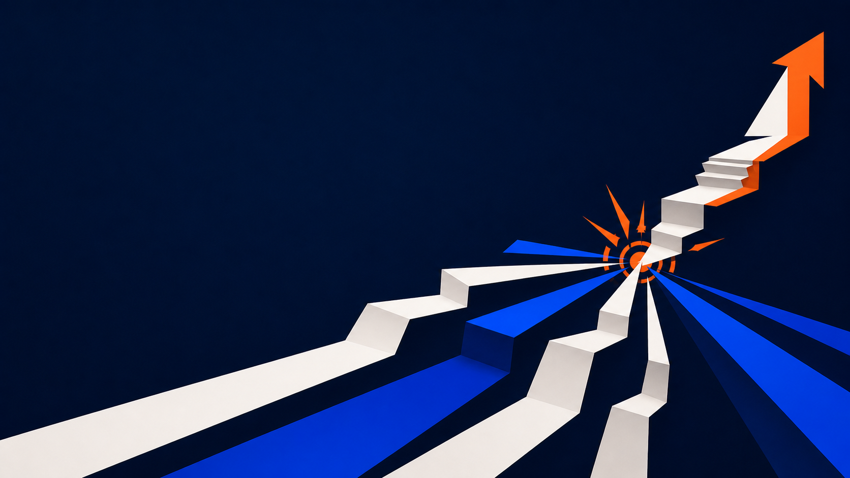 Multiple geometric paths resolve through one orange focus point into an upward route