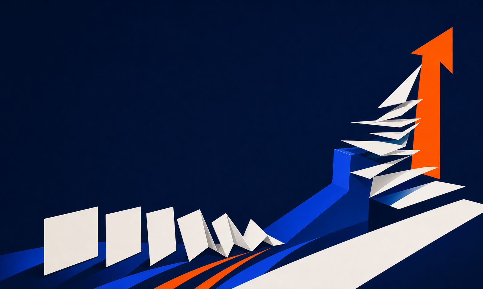 Ivory guide sheets become a cobalt route and a rising orange arrow